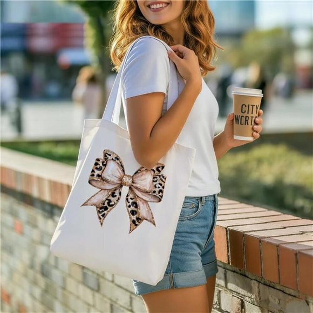 Reusable Canvas Shoulder Bag with Leopard Bow Graphic Design